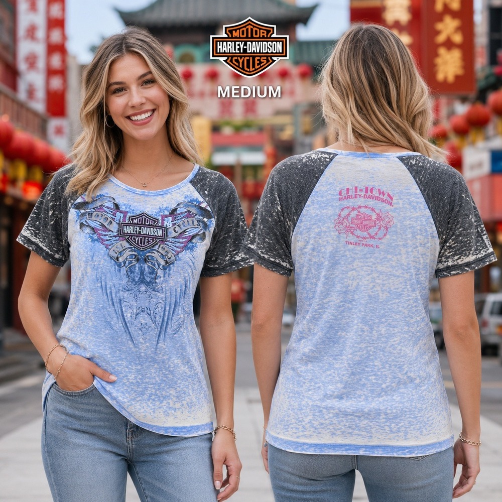 Harley-Davidson‎ Chi-Town Tinley Park Burnout Raglan Graphic Tee Blue Womens Med